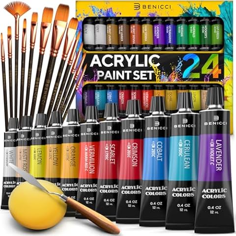 Complete Acrylic Paint Set – 24х Rich Pigment Colors – 12x Art Brushes with Bonus Paint Art Knife & Sponge – for Painting Canvas, Clay, Ceramic & Crafts, Non-Toxic & Quick Dry – for Kids & Adults Cover