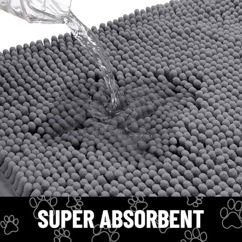 Image of Smiry Dog Door Mat for Muddy Paws, Absorbent Dirt Trapper Non Slip Quick Dry Washable Chenille Mat for Mud Dogs, Entry Rug for Indoor and Outdoor (70x24 Inches, Dark Grey and Black)