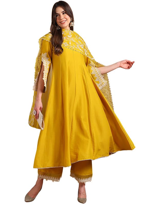 Image of Vaamsi Women's Silk Blend Solid Embroidered Anarkali Kurta Pant with Dupatta Set With Cotton Inner
