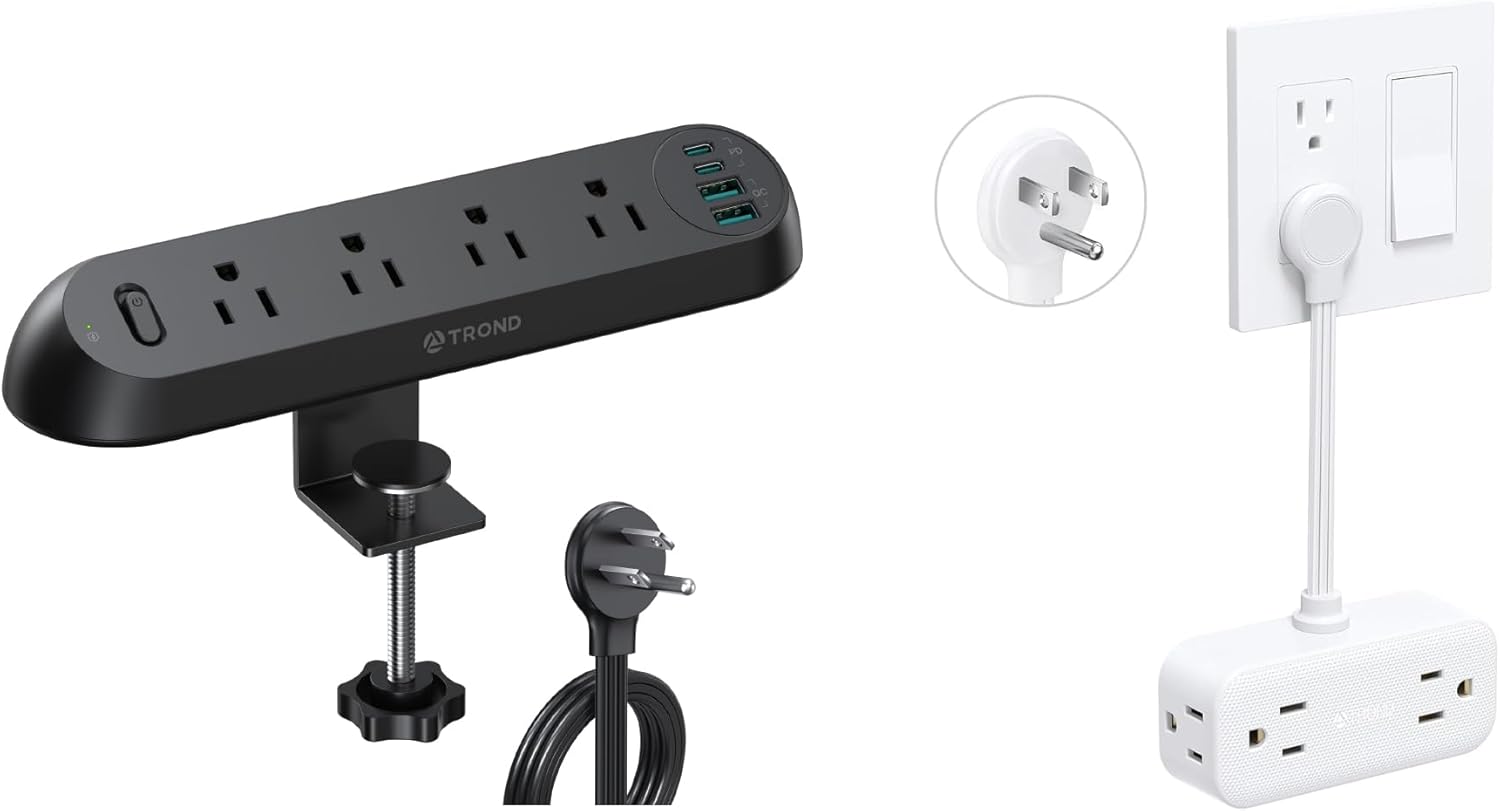 TROND Outlet Extender with 6 Inch Cord - Flat Outlet Adapter + Desk Clamp Power Strip USB C, Surge Protector with 4 AC Outlets 4 USB Ports