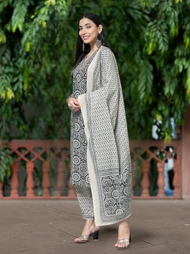 Pinkmint Women's Hevy Cotton Blend Black Kurta Set L Stitched Printed Dupatta Set L Stylish Women Festival Dress (Pack Of 1)