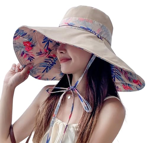Packable Large Brim Sun Hat for Women - 6.7" Wide-Brim UV-Protection Women's-Sun-Beach-Hats with Strap