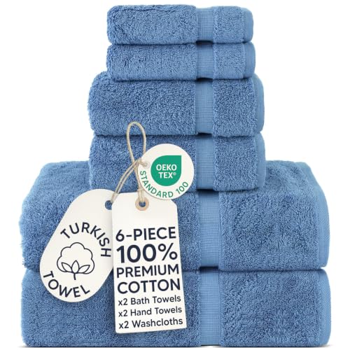 Chakir Turkish Linens 6 Piece Towels Set, 100% Cotton Luxury Turkish Towels for Bathroom, Soft Absorbent Bath Towel Set with 2 Bath Towels 2 Hand Towels 2 Washcloths, Wedgewood