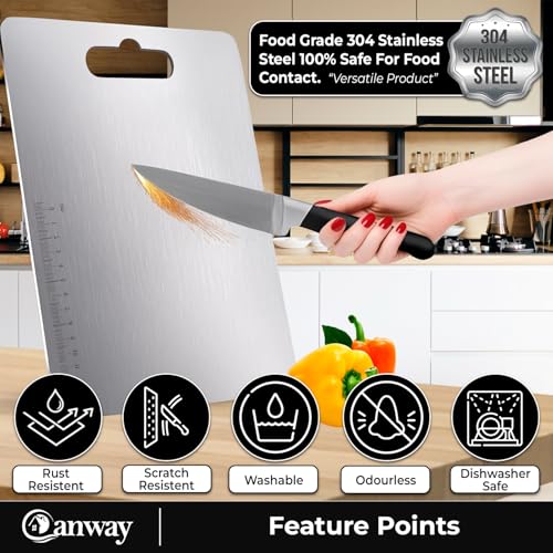 Image of CANWAY Stainless Steel Chopping Board 31x21 cm with Handle|Anti-Slip Cutting Board for Kitchen|Hygienic & Easy Clean|Ideal for Vegetables, Fruits & Meat|Heavy-Duty Non Slip Chopper|Medium Large