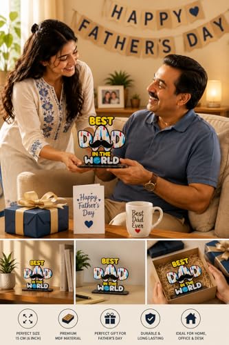 Image of WARMINGO DE Best Dad In The World Wooden Trophy gift For Father or Dad | Fathers day Gift | Best Gift For Dad Papa (Multicolor 6 x 5.5 Inches)