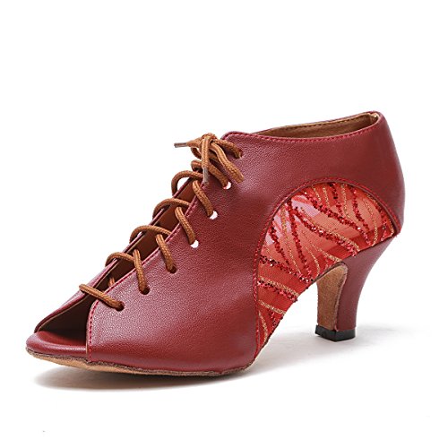 Minishion Women's Lace-up Red Mesh Leather Latin Dancing Shoes Ankle Sandals US 7
