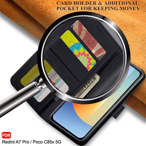 Image of TheGiftKart Genuine Leather Finish Flip Back Cover Case for Mi Redmi A7 Pro /Poco C85x 5G / C81 | Inbuilt Pockets & Stand | Designer Button Magnet Flip Back Cover Case (Faux Leather, Black)