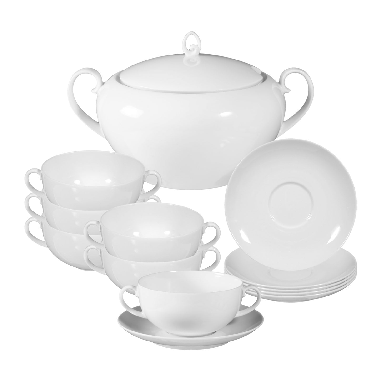 Seltmann Weiden Rondo/Liane Suppen-Set 13-teilig, Terrine mit Deckel (3,25 l) und Suppentassen mit Untertassen (360 ml) für 6 Personen, Spülmaschinen- und Mikrowellenfest, Porzellan, Weiß