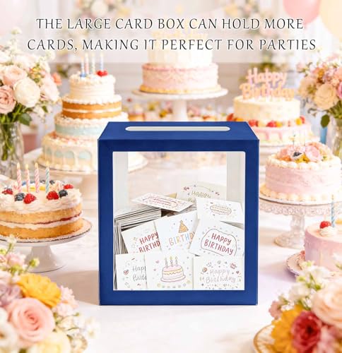 Image of SietDESEO Blue Card Box for Party with Clear Window Large Gift Card Box Holder for Wedding Reception Birthday Graduation Baby Shower Raffle Ticket Box