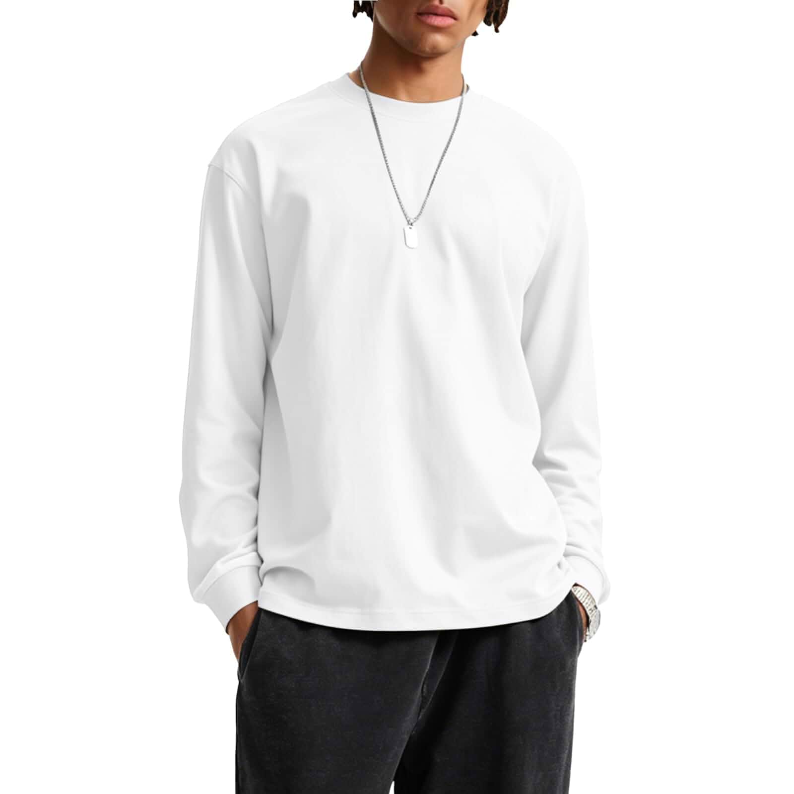KEEPSHOWING Men's Long Sleeve Crew Neck T-Shirts Cotton Sweatshirts Reinforced Collar, Oversized Loose Fit, Elastic Cuffs, Soft Breathable Fabric, for Summer Casual, Streetwear, Workout, Gym
