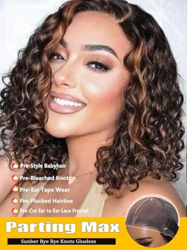 Image of Sunber Ombre Brown Short Curly Bob Wig Human Hair Bye Bye Knots Glueless Wigs Pre Cut 7x5 HD Lace Closure Wig No Slip Pre Plucked Ready to Go Bob Curly Wig 8Inch