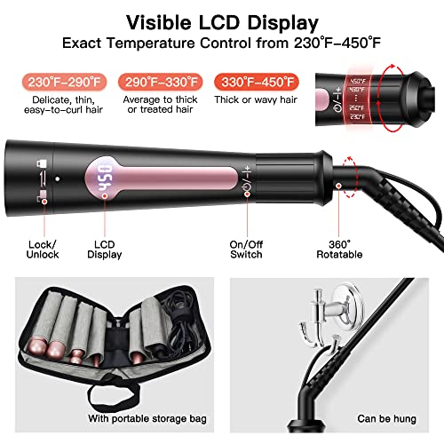 Ushow Curling Iron, 5 In 1 Curling Wand Set, Instant Heat Up Hair Curler With 5 Interchangeable Tourmaline Ceramic Barrels (0.35" To 1.25"), Lcd Heat Display, 12 Adjustable Temperature, Include Glove #TOP2