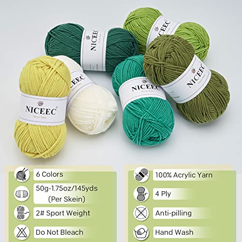 Image of NICEEC 300g Soft Assorted Colors Yarn - Sport Weight,100% Acrylic, 4 Ply, Bonbons Yarn for Crochet & Knit, DIY Project Starter Kit for Kids or Adults(Total 870yds) - Green Series