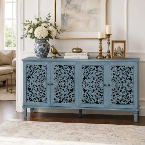 Image of Blue Sideboard Cabinet with Carved Doors, Blue Buffet Cabinet, Vintage Cabinet with Storage Shelves, Farmhouse Storage Cabinet for Dining Room, Living Room & Entryway