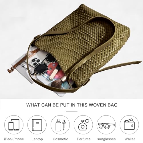 Image of Large Woven Tote Bag Vegan Leather Shoulder Bag for Women Fashion Travel Shopper Bag Top Handle Handbag and Purse
