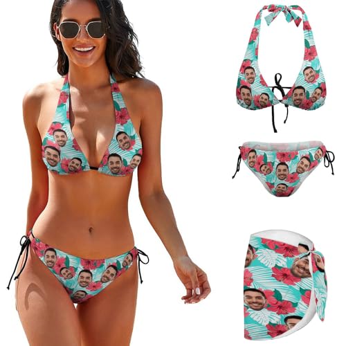 Custom Face Bikini Set for Women Personalized Swimsuit Set Matching Swim Top Bottom&Beach Cover Up for Swimwear