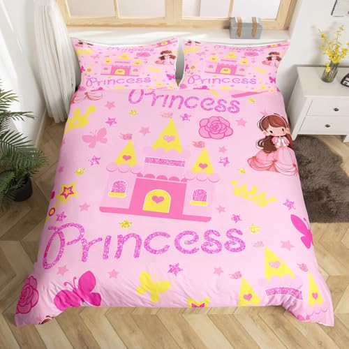 Pink Castle Comforter Cover,Butterfly Floral Fairy Tale Duvet Cover for