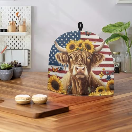 Image of Highland Cow Tea Pot Cover for Teapot American Flag Tea Kettle Cover Keep Warm Tea Cup Dust Proof Teapot Dust Protector for 4th of July