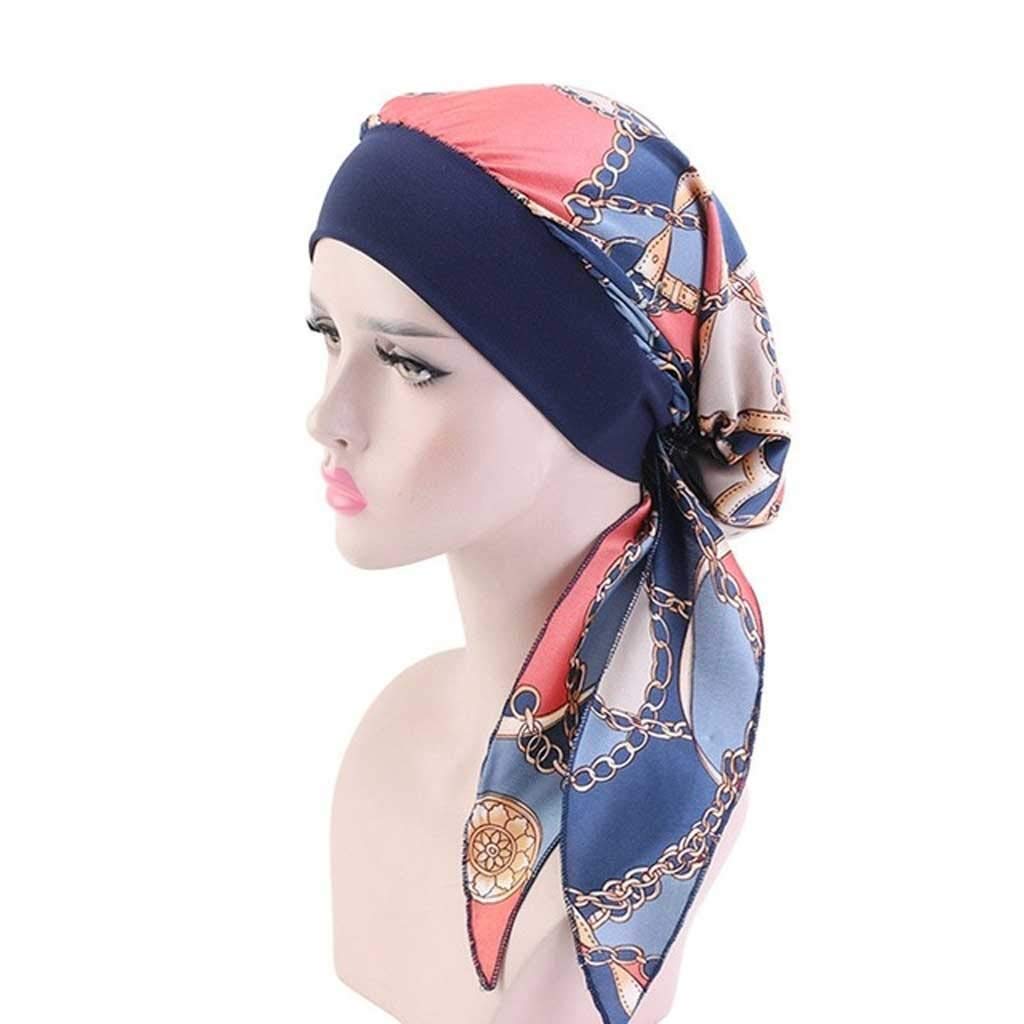 Women Hijab Hair Styling Cap Chemo Flower Print Hat Turban Cover Scarf Wrap Headwear Accessories(D)