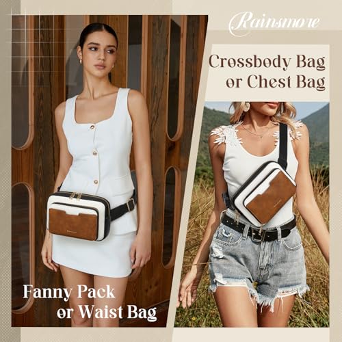 Image of RAINSMORE Fanny Packs for Women, Leather Belt Bag Waterproof Everywhere Crossbody Waist Pack with Adjustable Strap Retro Sling Chest Bag for Work Running Travel Party, Black and Brown with White