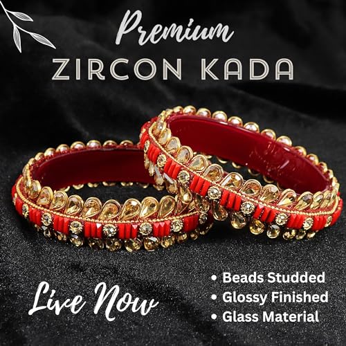 Image of NMII Glass Golden Zircon Stone & Kundan Beads Kada Set For Women & Girls | Fancy Design Kada Bangles | Traditional Look Kangan | Glass Bangles For Women Wedding, Party, Function, Daily use