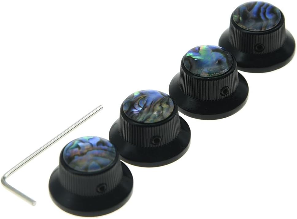 KAISH 4x Abalone Top Black LP Top Hat Knobs with Set Screw Metal Bell Knobs for Guitar Bass with 6mm Shaft Pots