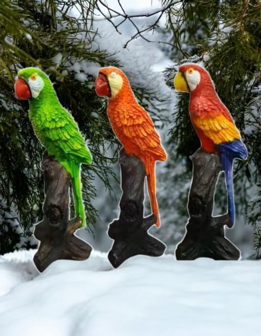 Decorative Parrot Garden Stakes Set of 3, Outdoor Metal Bird Sculptures, Green Orange Red Macaw Statues, Tree Branch Mounted Design-image-38