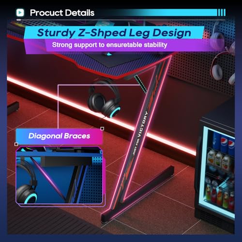 Image of BestOffice Gaming Desk Z Shaped 47 inch PC Computer Desk Computer Workstation Ergonomic Gaming Table with Headphone Hook for Game Players, Black&Red