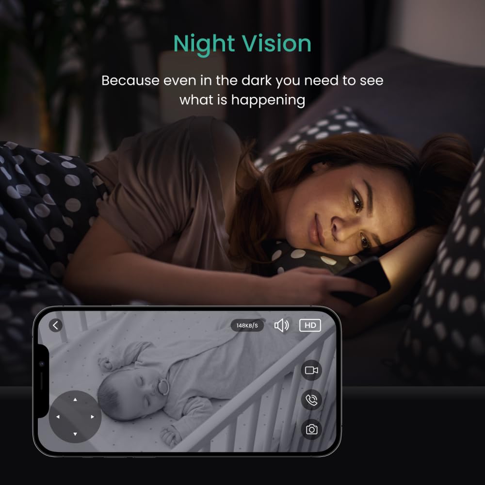 Ver monitor inteligente WiFi para bebé, cámara de 1080p, visión nocturna HD, detecta y rastrea movimiento, captura y graba - Tarjeta SD incluida, aplicación inteligente gratuita para iOS y 9