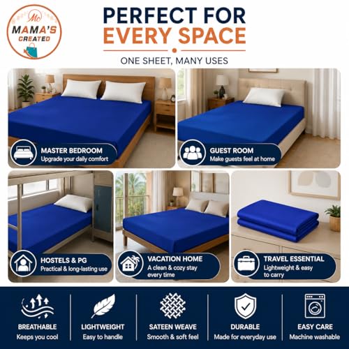 Image of Double Size Bed Sheet - 600 Thread Count Single Flat Sheet Only - Long Staple Egyptian Cotton Top Sheet Wrinkle & Fade Resistant - Royal Blue