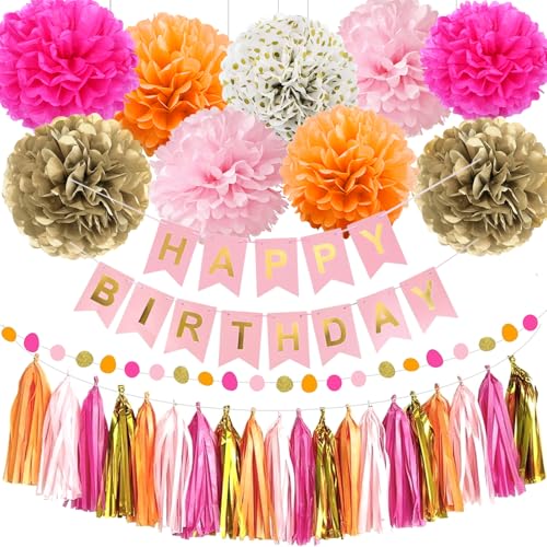 26 peças decoração de pompões, papel pompões, decoração de aniversário, decorações de festas, Happy Birthday bandeira, coroa de borlas, festas de aniversário, carnavais, festa casamento