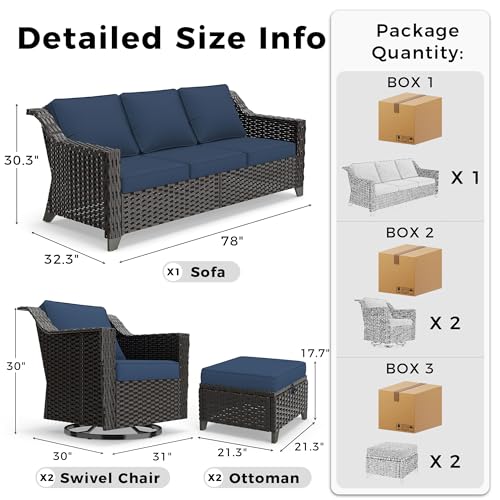 Image of 5 Piece Patio Furniture Set, Wicker Outdoor Conversation Set | Patio Chair Set with Olefin Removable Cushion, All-Weather Outdoor Couch with Deep Seat for Porch, Deck and Backyard, Blue