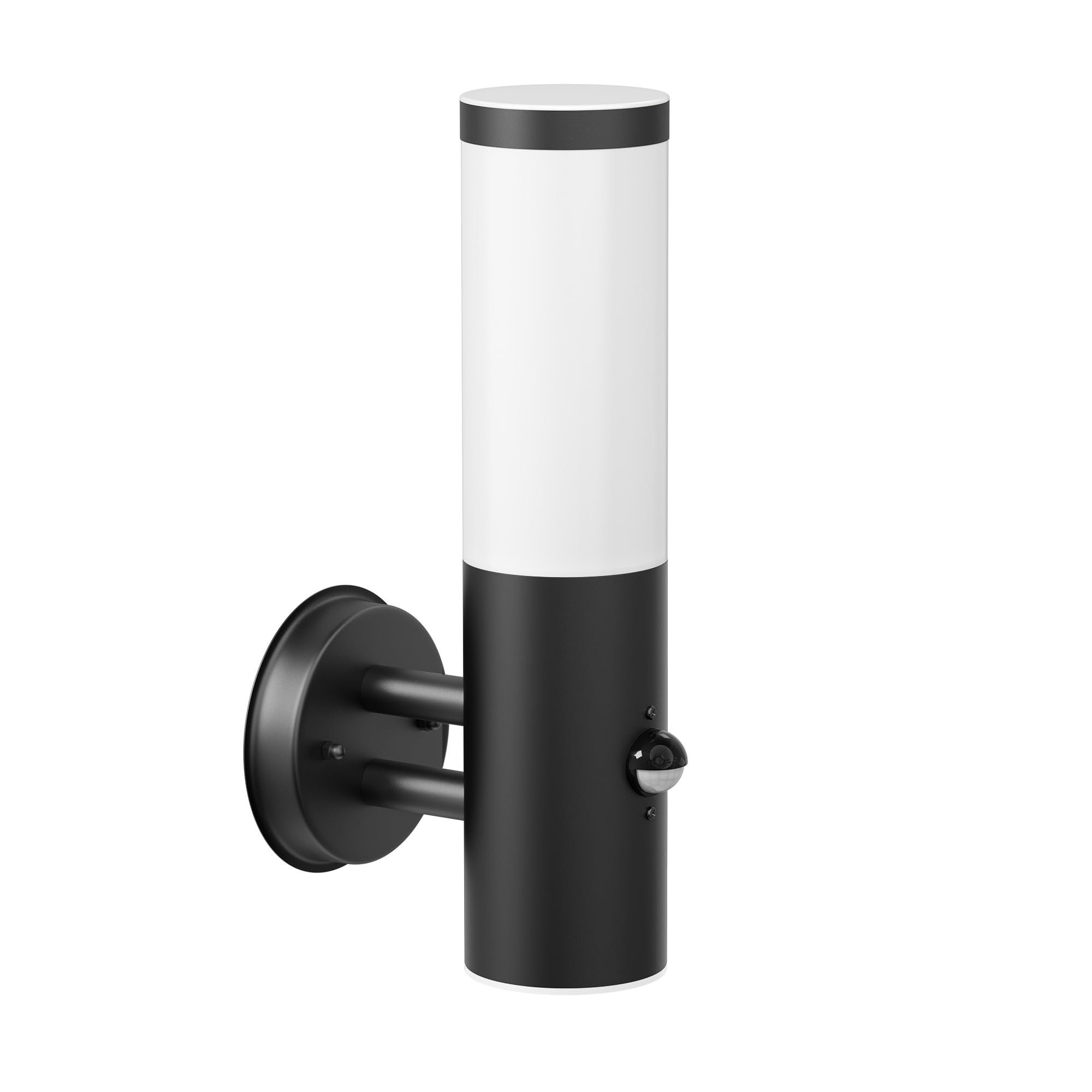 ledscom.de Wandleuchte PORU für außen, IP44, Bewegungsmelder, Edelstahl, schwarz matt, rund, 1x E27 max. 15W