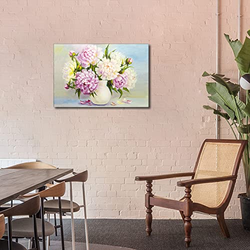 TISHIRON Canvas Wall Art Painting,Modern Peony Pink Flowers Nordic Decorative Artwork Oil Painting Print for Bedroom Kitchen Living Room Home Decor Framed Ready to Hang 16x24 inch - Image 2