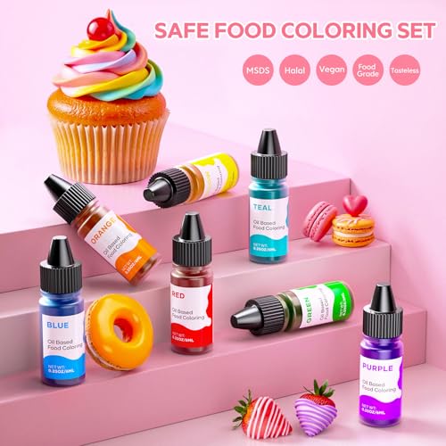 Oil Based Food Coloring for Chocolate Rainbow Oil Edible Food Dye Set for Halloween Baking Royal Icing Cookie Supplies Gluten Free 7x6ml Food Grade Food Color Kit, 0.25 Fl. Oz/Bottles