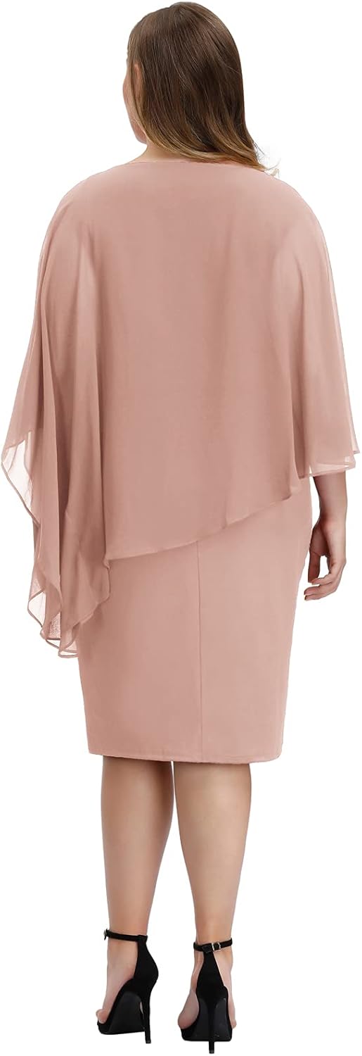 Hanna Nikole Women's Sleeveless Cape Dress with Chiffon Overlay Sequin Bodycon Pencil Dress