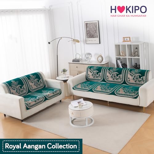 Image of HOKIPO Mehfil Teal Premium Chenille Jacquard Sofa Cover 5 Seater - (3+2) for Seat & Back | 'Royal Aangan Series' (IN-1008-L7*2 + IN-1007-L7*2)
