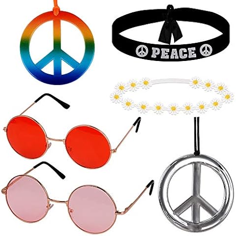 MEJOSER 6 Pieces Hippie Costume Accessories 60's Hippie Costume Set Including 2 Hippie Glasses + 2 Peace Sign Necklaces + 2 Headbands Cover