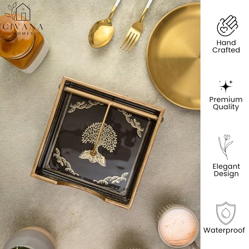 Image of Wooden Napkin Holder with Gold Engraving | Pack of 1 | Size : 7.5 x 7.5 inch | Enamel Coated Waterproof | Tissue Holder for Dining Table | Black Tree Napkin Holder