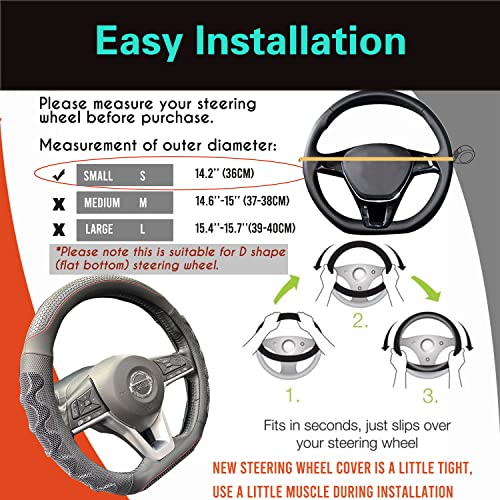 Pinctrot D Shaped 14 Inch Small Sized Steering Wheel Cover Great Grip With 3D Honeycomb Anti-Slip Design, Flat Bottom 14 Inch (Black/Red Stitch) #TOP5