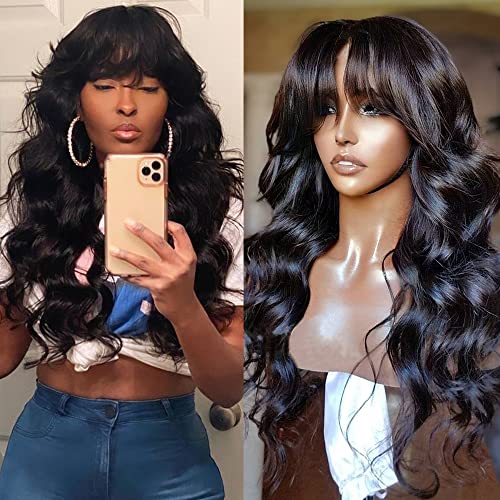 RHEANNA Bang Wig Human Hair 180 Density Brazilian Wavy Wig With Bangs For Black Women O Scalp Top Full Machine Made Wig 18inch