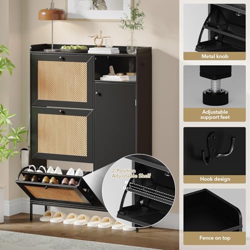 Image of Rattan Wooden Shoe Cabinet, Freestanding 3-Flip Drawer Shoe Storage Organizer, Side Cabinet & Top Fence, Easy Assembly Shoe Rack for Entryway Hallway Living Room, Black
