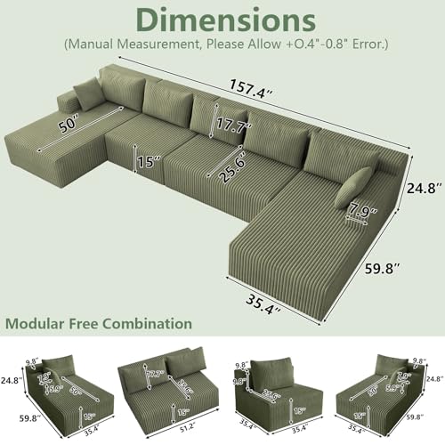 Image of 160 inch Modular Sectional Sleeper Sofa, Boneless Cloud Couch for Living Room, U Shaped 3 Seat Sofa with Deep Seat, Free Combination, Couch in a Box, No Assembly Required (Green)