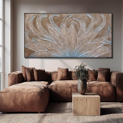 Image of Brown Oil Painting Wall Art Botanical Neutral Floral Flowers Framed Wall Decor Abstract Canvas Pictures Large Artwork for Bedroom Office 29x58 In