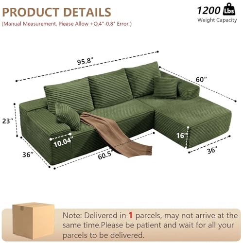 Image of Sectional Couches for Living Room Cloud Couch Sofa with L-Shape Couch in a Box Upholstered Boneless Couchs Modern Modular Sectional Couch with Chaise (Green,B-3 Seater-Right-Facing Chaise-96 inch)