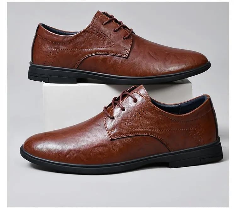 HOOENG Formal Shoes for Men Lace Up Pointed Toe PU Leather Derby Shoes Block Heel Non Slip Resistant Low Top Party(Color:Brown,Size:6)2