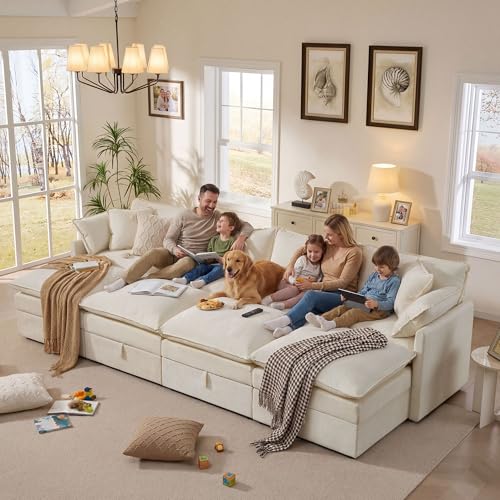 Image of Ihanherry 135 inch Oversized Sectional Sofa Bed with Storage, 8-Seater Modular Cloud Couch with Movable Ottomans, Chenille Deep Seat Sleeper Couches for Living Room (Beige)