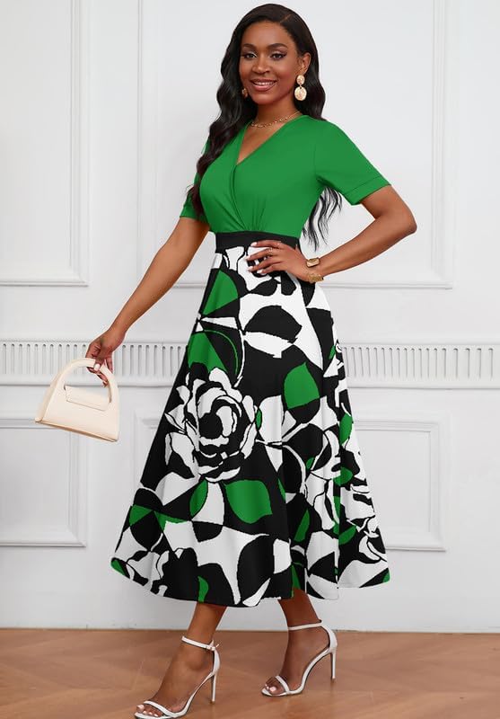 Image of MarryUP Women's Midi Dresses - V Neck Cocktail & Church Tea Dresses - Short Sleeve A-Line Swing Dress