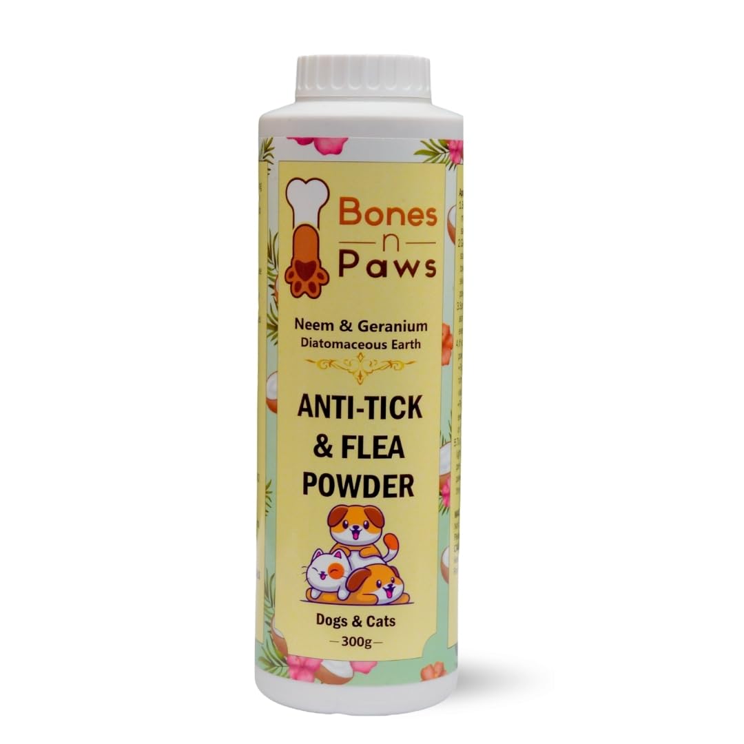 Bones ‘N’ Paws Anti-Tick & Flea Powder for Dogs & Cats | with Diatomaceous Earth, Neem, Geranium & Essential Oils | Kills Lice, Flea Eggs, Bacteria | Soothes Skin & Controls Odor (300 GRAM)