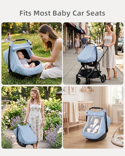 Image of Rquite Car Seat Cover Baby Girl Boy, 100% Muslin Cotton Carseat Covers, Breathable Infant Windproof Canopy with Mesh Window, Stroller Sun Shade for Summer & Hot Day, Baby Blue